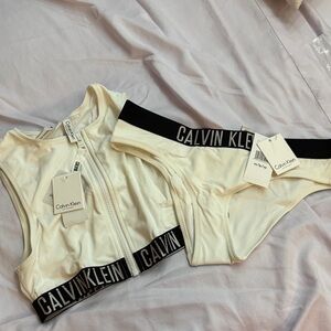 Calvin Klein Cream Bralette & Bikini Set with Black Logo Trim
